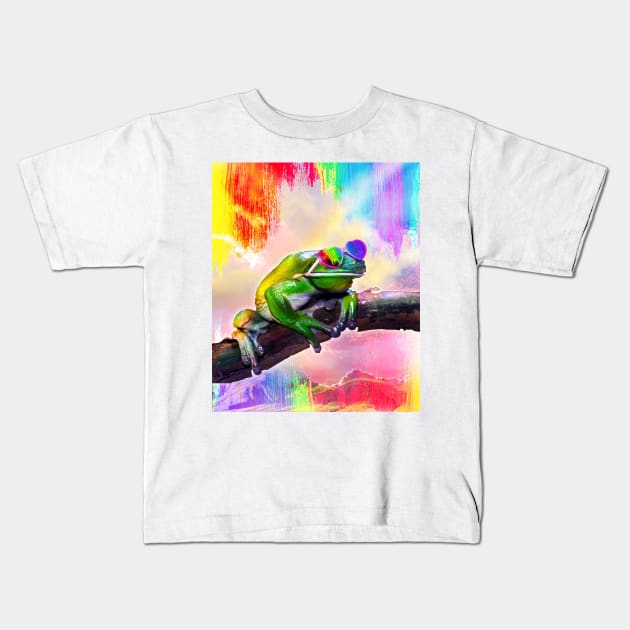 Rainbow Frog Wearing Love Heart Glasses Kids T-Shirt by Random Galaxy